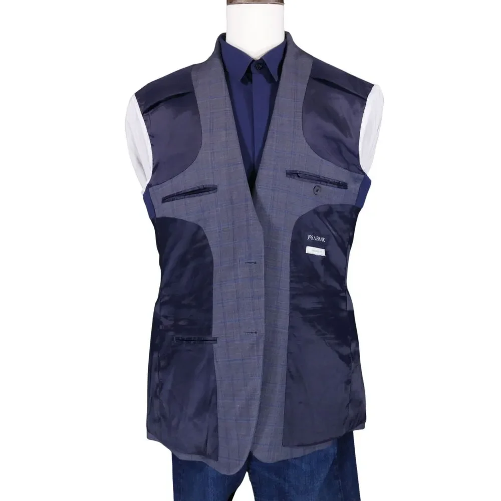 Jos A Bank Traveler Sport Coat Blazer Men 42L Tailored Blue Plaid Wool Blend